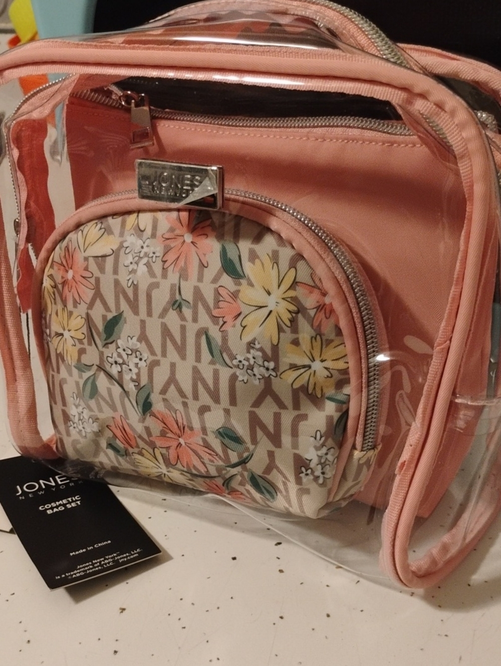 Jones New York-3PC Floral Solid &Clear Cosmetic Bag Set (Blush-Floral 🩷🧡)